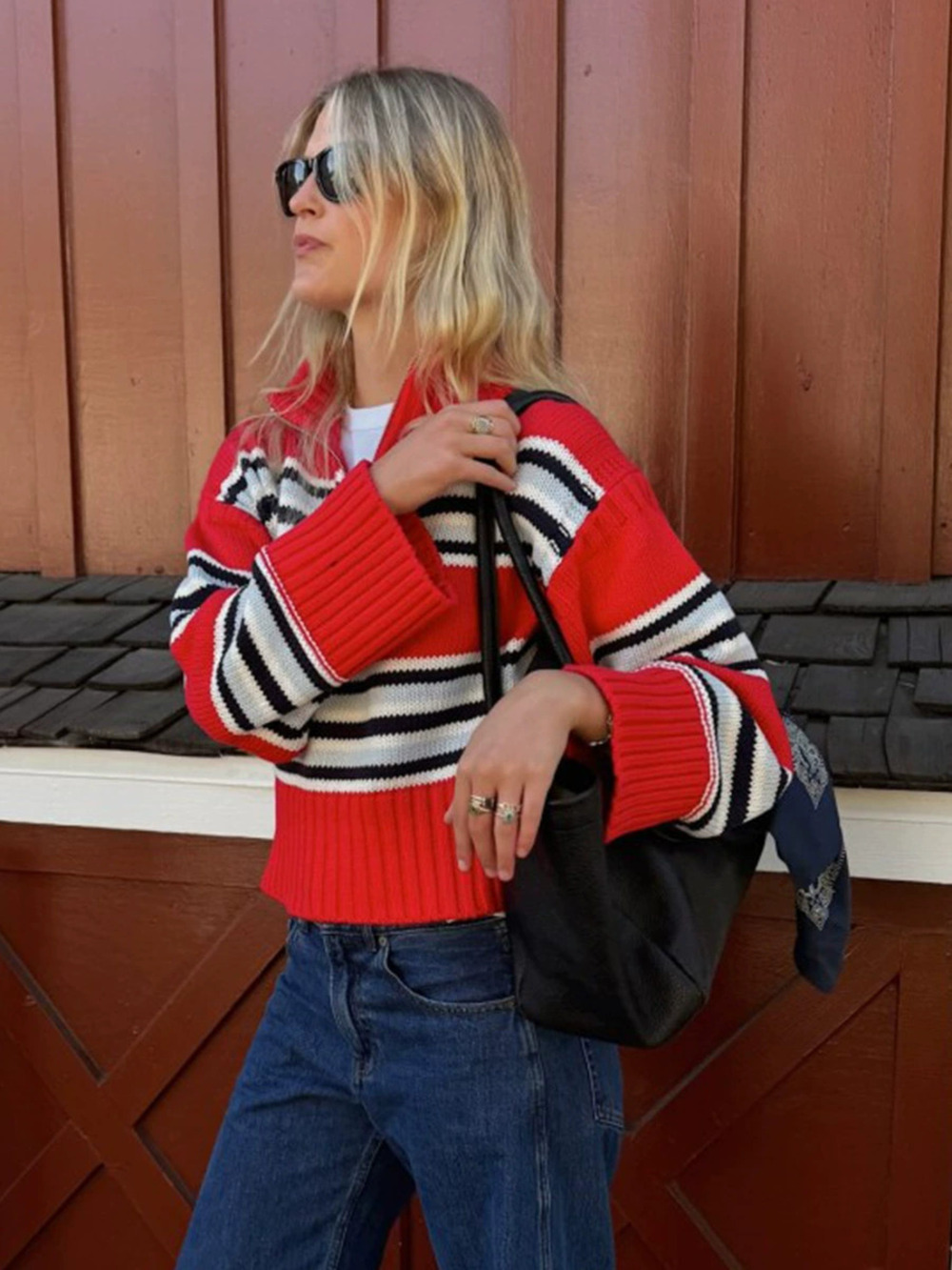 ZARA Womens Autumn Winter Mock Neck Stripe Knit Pullover Colorblock Zip Sweater